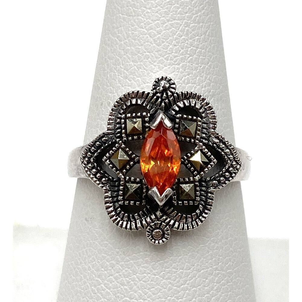 925 Marsala Sterling Silver Orange Crystal Marcasites Art Deco Ring 7.5